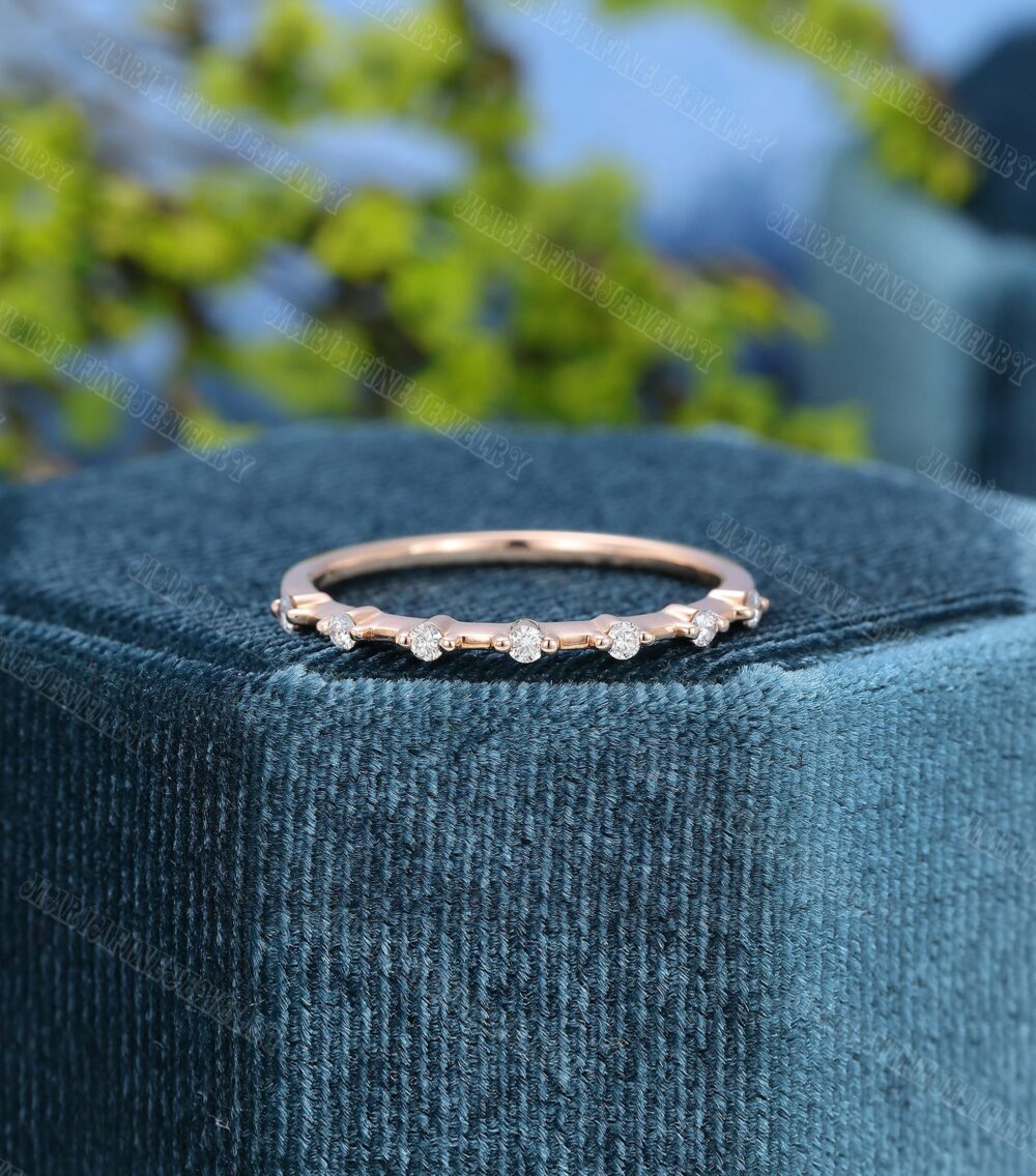 Vintage Rose Gold Wedding Band Women Moissanite Half Eternity Matching Dainty Stacking Unique Solid 14K Promise Gift For Her