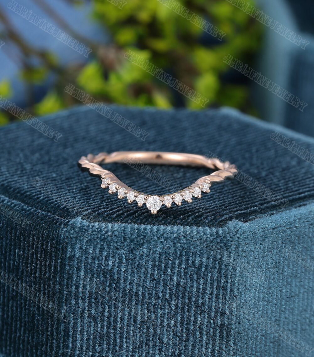 Rose Gold Curved Wedding Band Unique Simple Diamond Women Stacking Ring Swist Matching Custom Promise Gift For