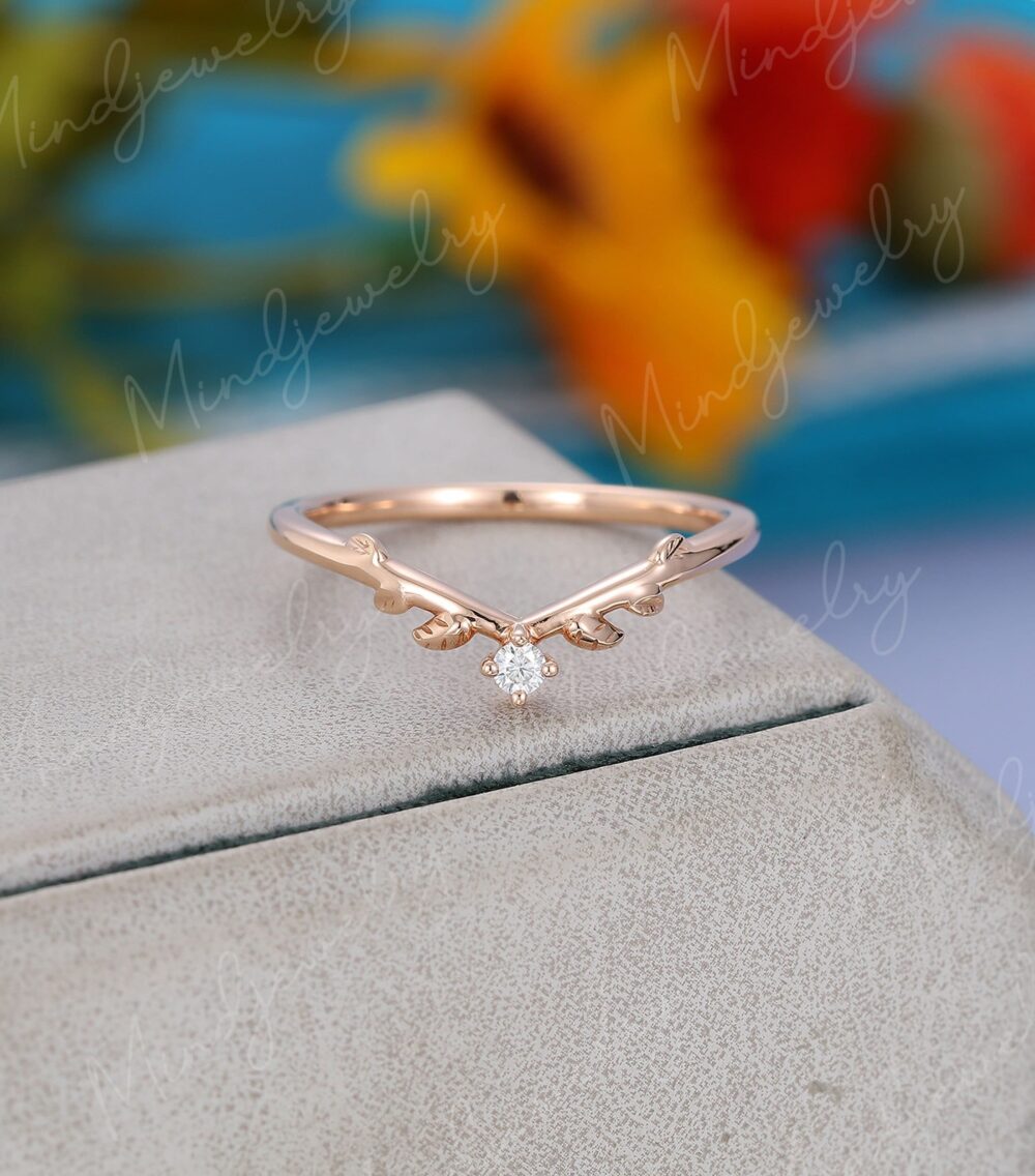 Unique Curved Wedding Band Women 14K Rose Gold Leaf Twig Design Moissanite Bridal Stacking Ring Art Deco Matching Promise Gift For Wife