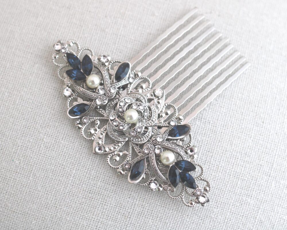 Bridal Hair Comb, Wedding Accessories, Pearl Rhinestone Hair Comb, Blue Crystal, Vintage Style, Roselani