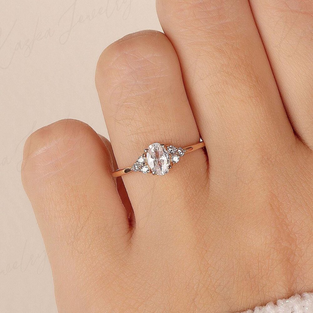 Women Dainty Cluster Oval Cut Promise Ring Rose Gold, Unique Art Deco Engagement Ring, Anniversary Custom Birthday Gift For Her
