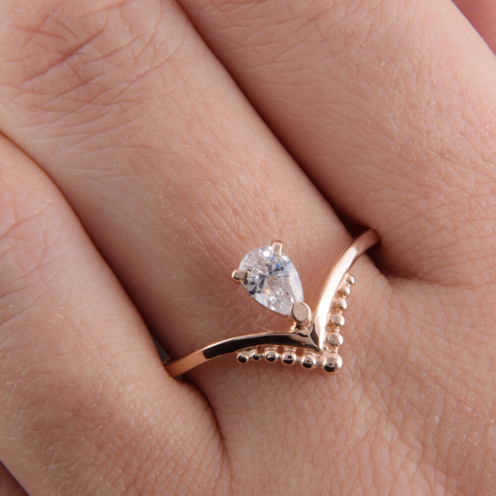 Simple Gold Promise Ring, Art Deco Ring Gold, Dainty White Cz Minimalist Pear Cut Ring, Gold Gift For Her