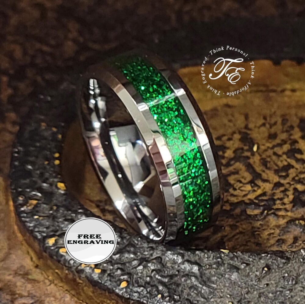 Personalized Tungsten Promise Ring Green Galaxy Opal Inlay
