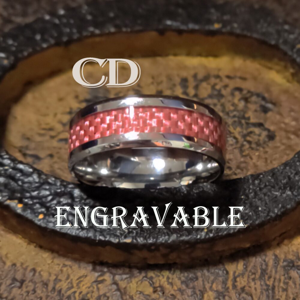 Personalized Pink Carbon Fiber Promise Ring - Engraved Stainless Steel Band