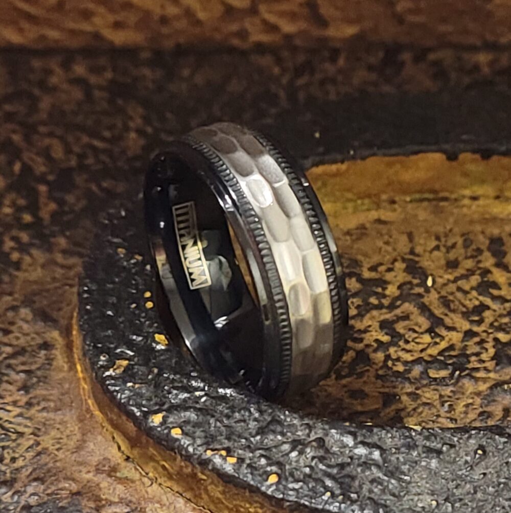 Hammered Titanium Promise Ring Band - Black & Silver