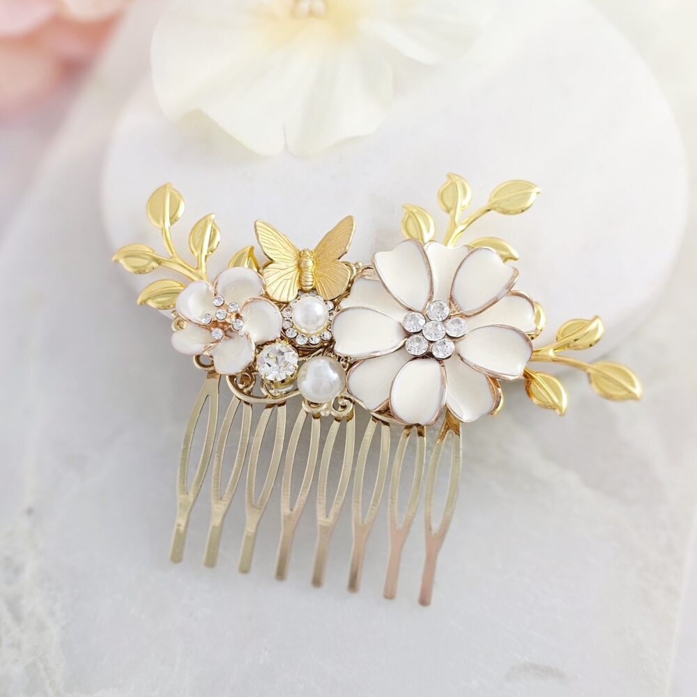 White Flower Haircomb Ivory Rose Hair Comb Champagne Hairpin, Floral Gold Bridal Accessory, Golden Leaf Wedding Gilded Butterfly H2034A