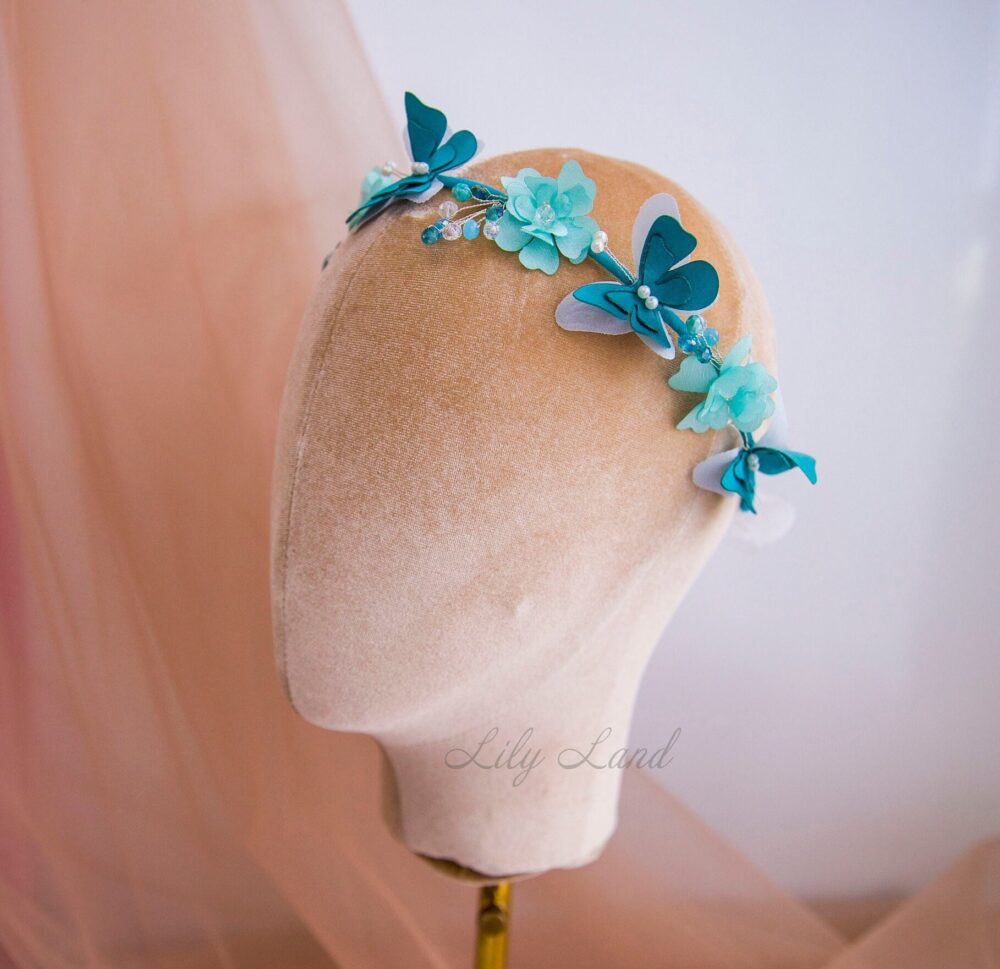 Headband With Butterfly, Turquoise Hair Accessories, Flower Girl Headband, Birthday Butterfly Ornament, Bridal Hoop