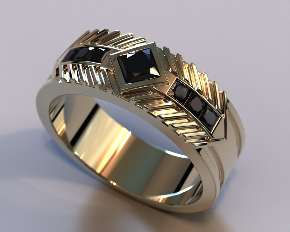 Mens Gold Wedding Band/Black Diamond Ring & Men Engraved Man