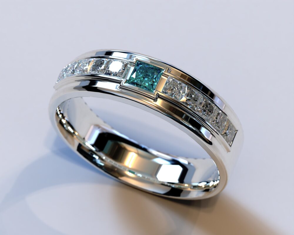 Mens Blue Diamond Ring/Wedding Band White Gold Unique