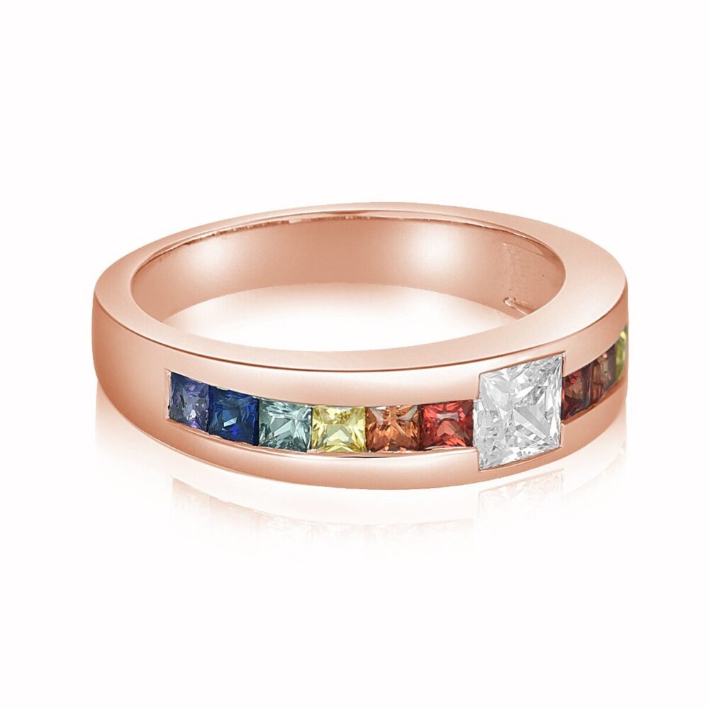 Rainbow Sapphire Wedding Band Half Eternity With Princess Cut Moissanite, Cz Or Diamond, Mens Promise Ring, 14K Rose Gold Sku R2090-14K-Rg