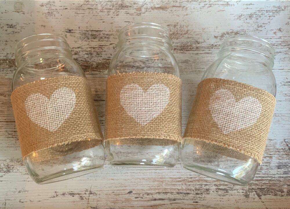 Rustic Wedding Centerpieces Heart Burlap Mason Jar Sleeves Country Decor Simple Reception Decorations
