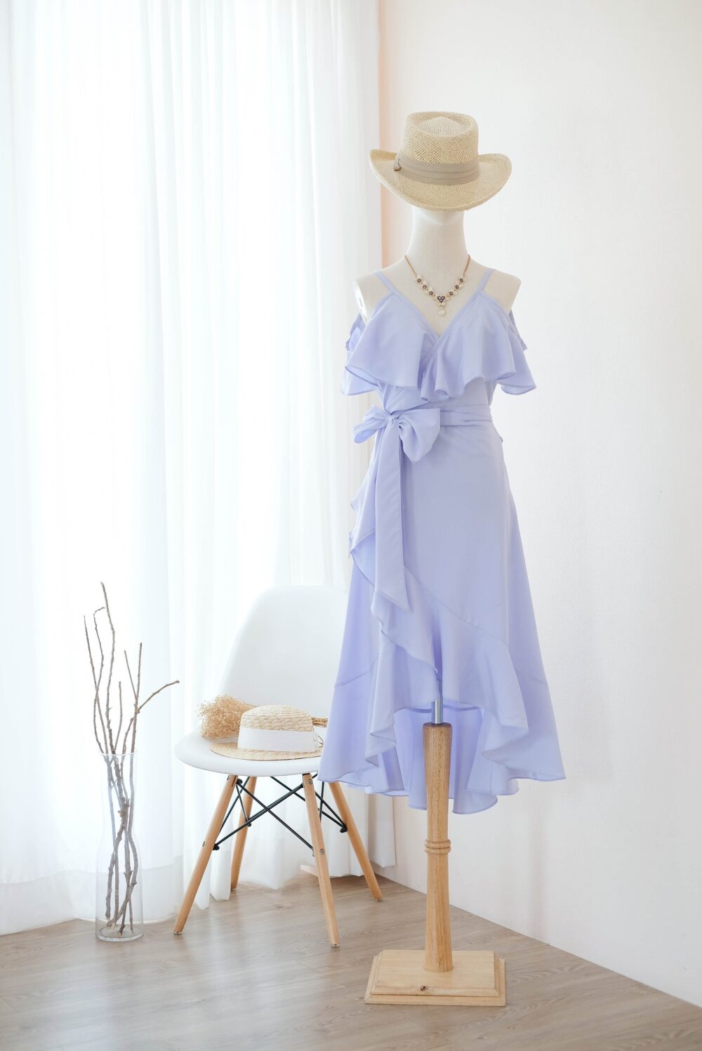 Blue Lavender Bridesmaid Dress Midi, Wedding Guest Dress, Drop Shoulder Wrap Asymmetrically Hem Boho Beach
