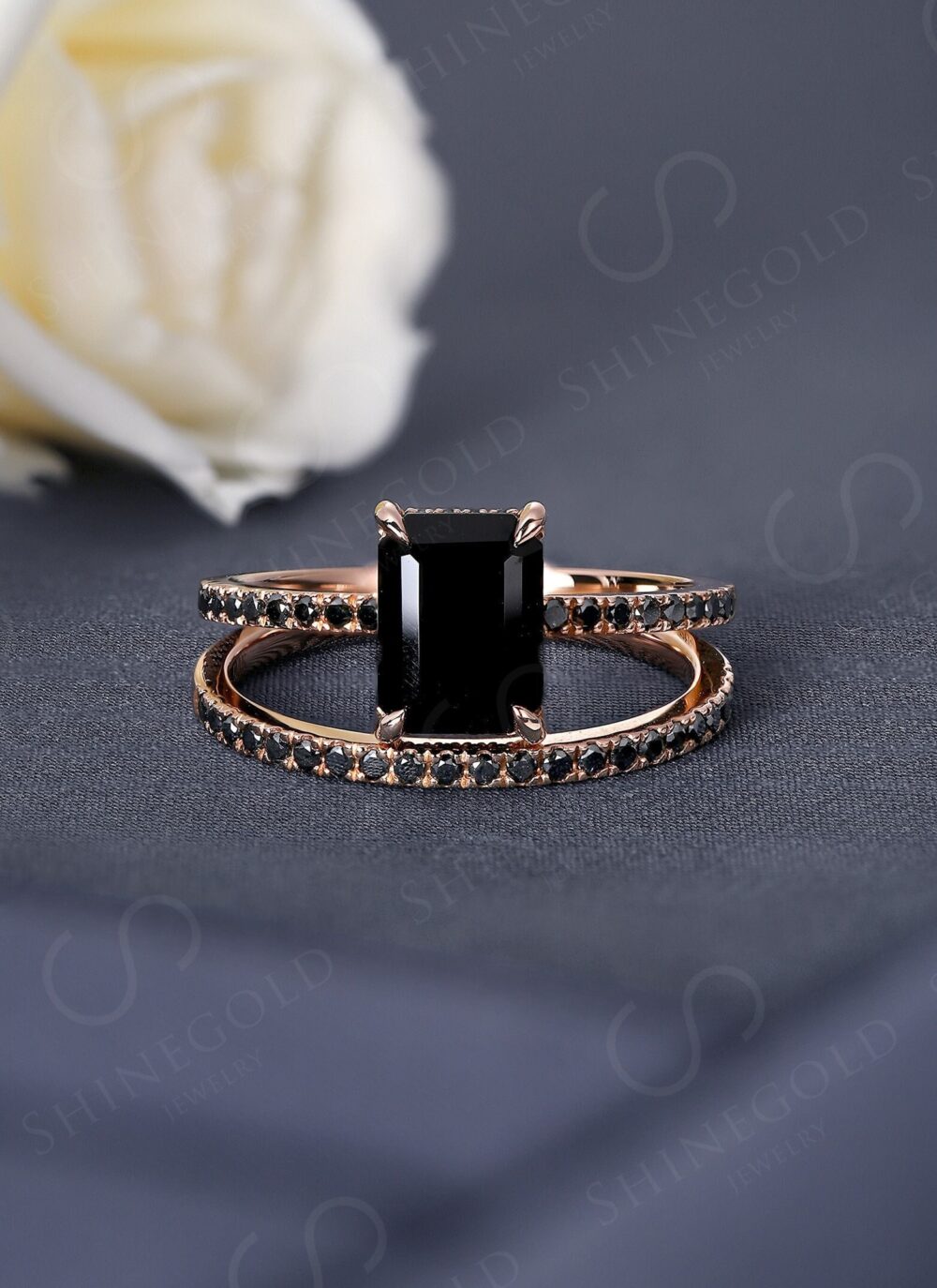 Art Deco Black Onyx Engagement Ring Set, Rose Gold Ring, Vintage Emerald Cut Bridal Set, Antique Wedding Band, Anniversary Promise