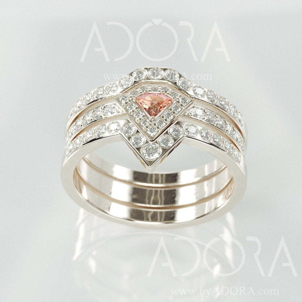 Diamond Cut Morganite Engagement Bridal Rings Set | 14K White Gold & Wedding With Natural Diamonds