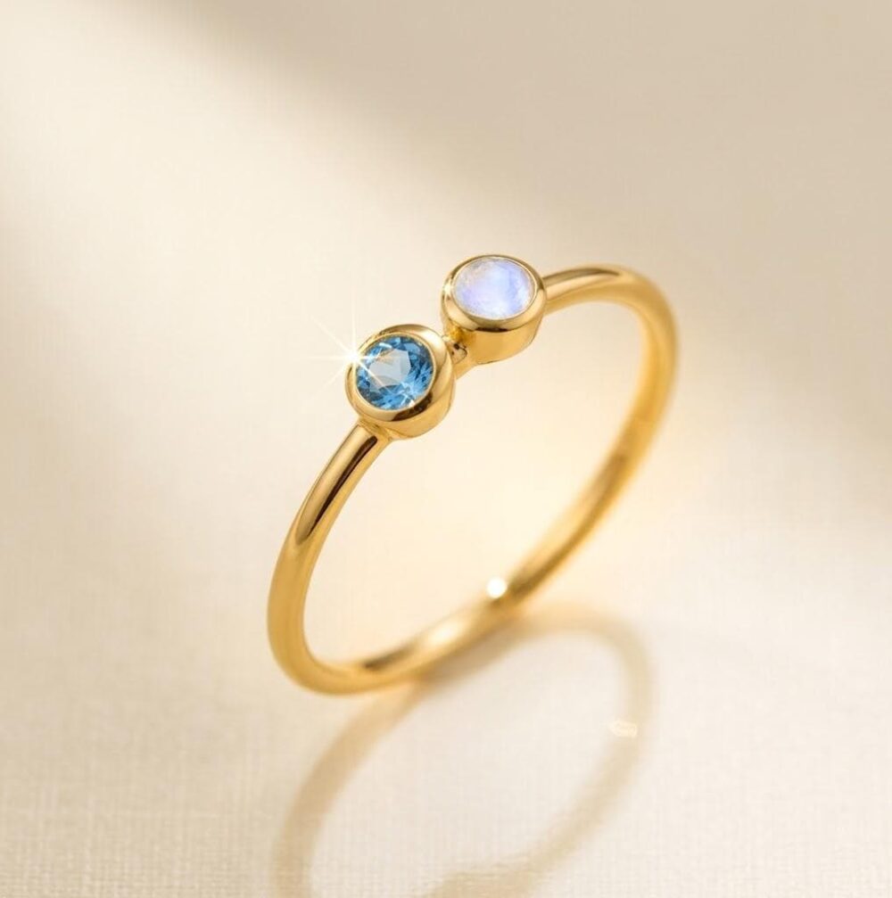 Mother's Day Gift Mom Birthstone Ring, Custom Two Stone Ring in Gold Or Silver Personalized Mother Family [Mnb]
