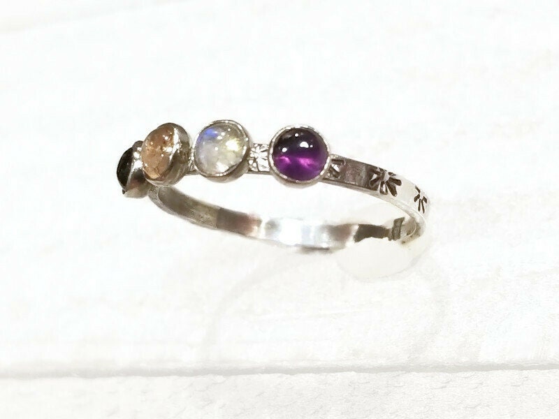 Name/Date Birthstone, Sterling Silver, Personalized Mom Ring, Stars, Sun, Stamped Ring, Gift For Her, Gift Mom, Mother's Ring, Birthstone Ring