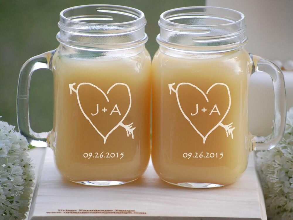 Custom Mr & Mrs Gift, Personalized Mason Jar Glasses, His Hers - Engraved Valentines Rustic Heart Jars