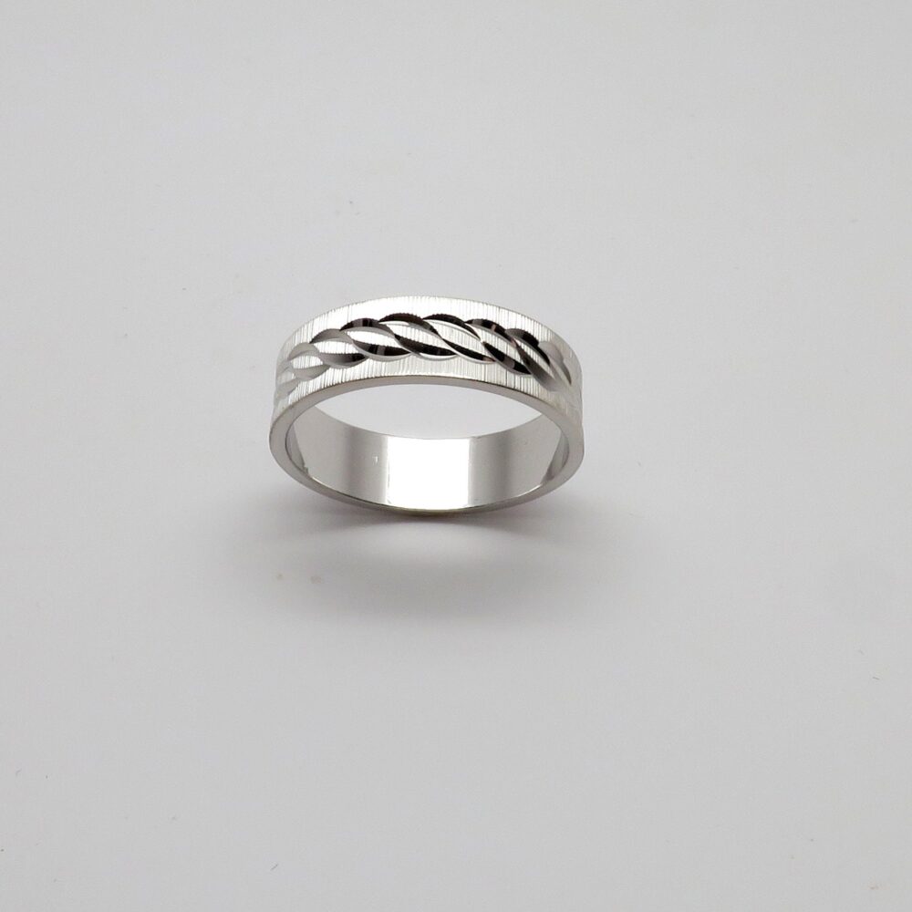 Vintage New 14K White Gold 5.9mm Wide Flat Etched Engraved Wedding Band Sz 9 1/4/ Weighs 4.76 Grams