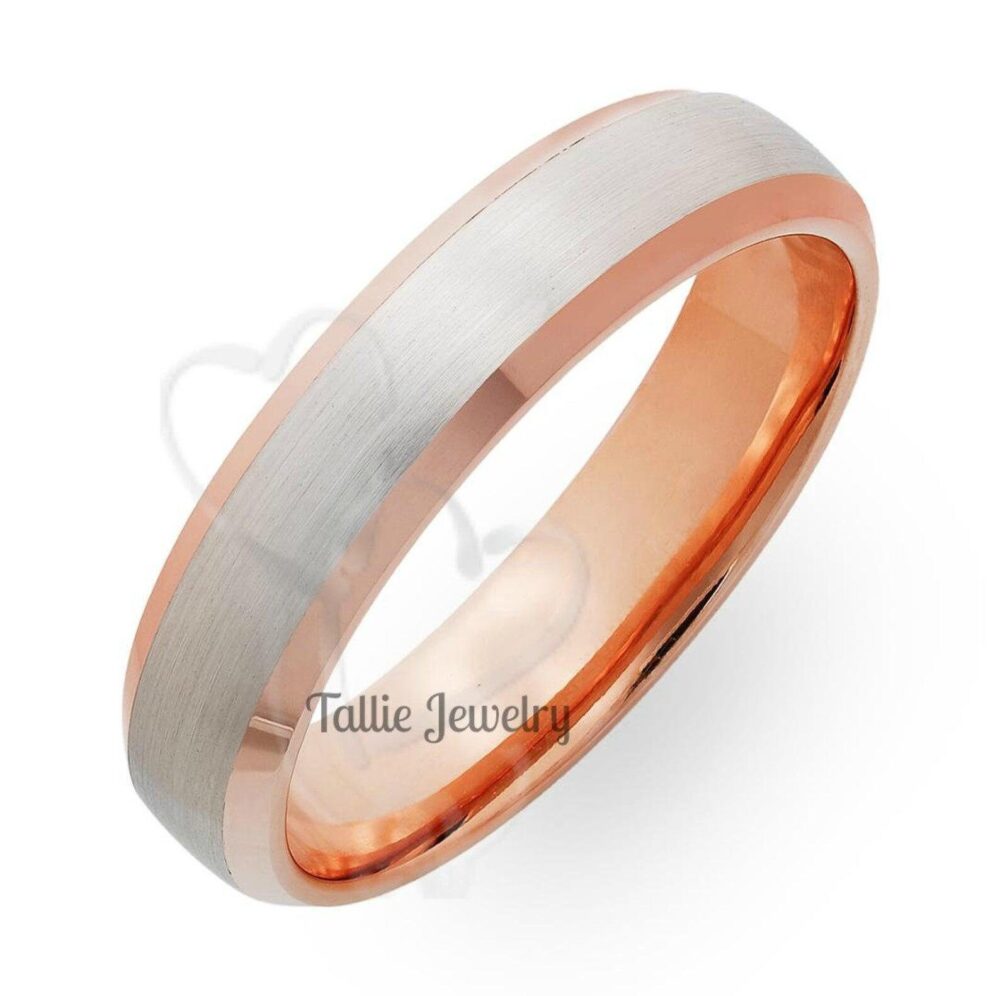 Platinum Mens Wedding Ring, Band, 5mm Satin Finish Beveled Edge Two Tone Rings, 14K Rose Gold & Rings
