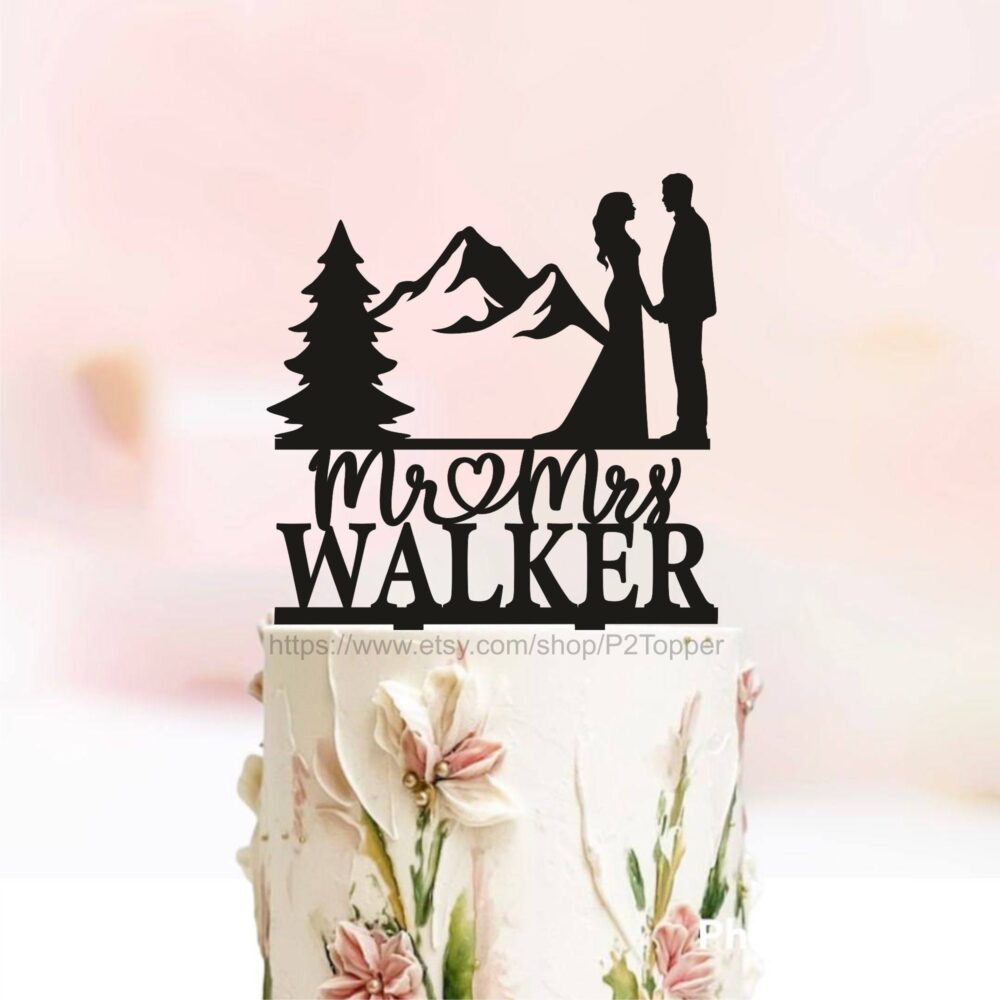 Mountain Wedding Cake Topper, Outdoor Last Name Forest Theme Topper