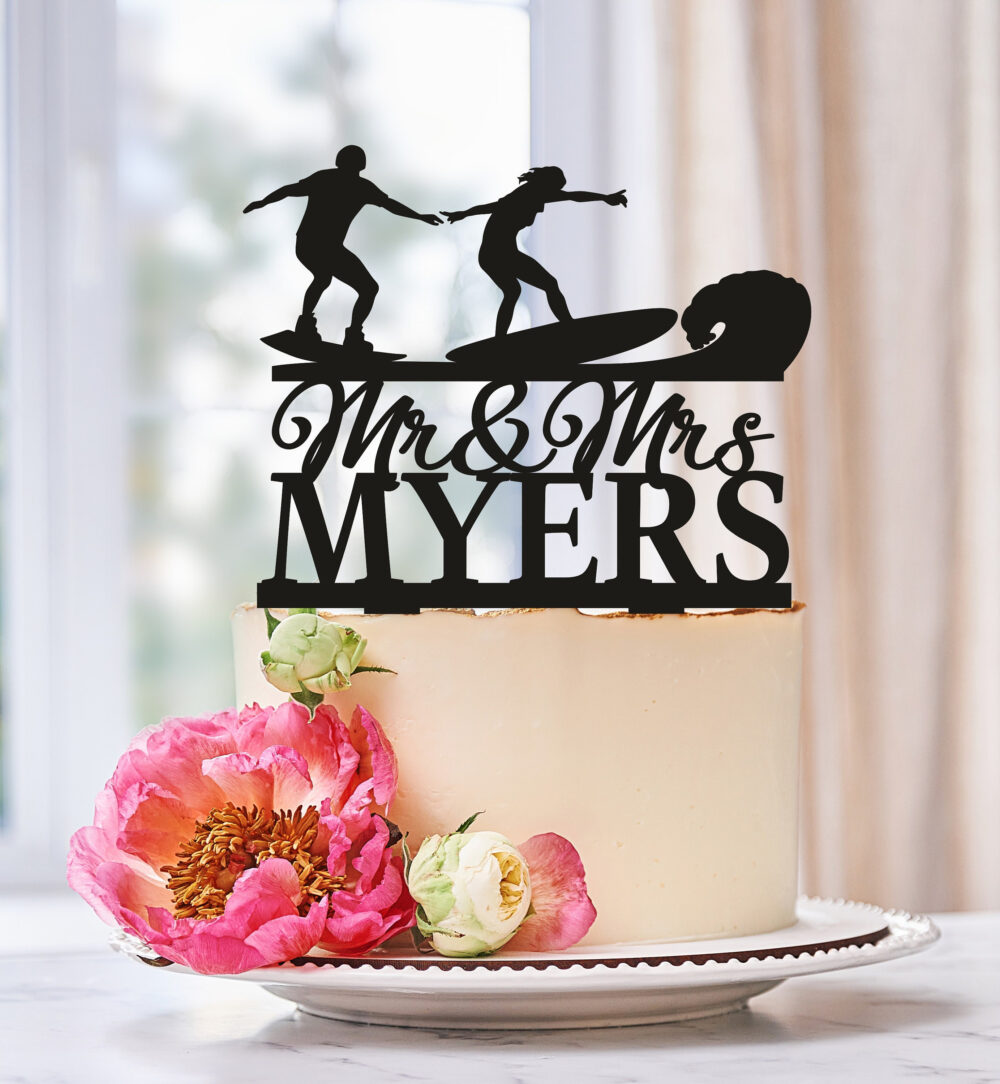 Wake Surfing Wedding Cake Topper, Surfer Wakeboarding Surfing Mr & Mrs Wedding Cake Topper 0585