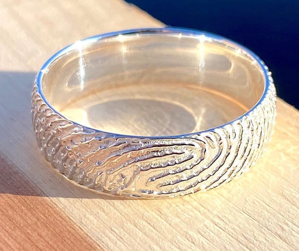 Solid Gold 14K Custom Fingerprint Wedding Band, White Rose Mens Half Round Comfort Fit Engraved Ring 2mm 3mm 4mm 5mm 6mm 8mm