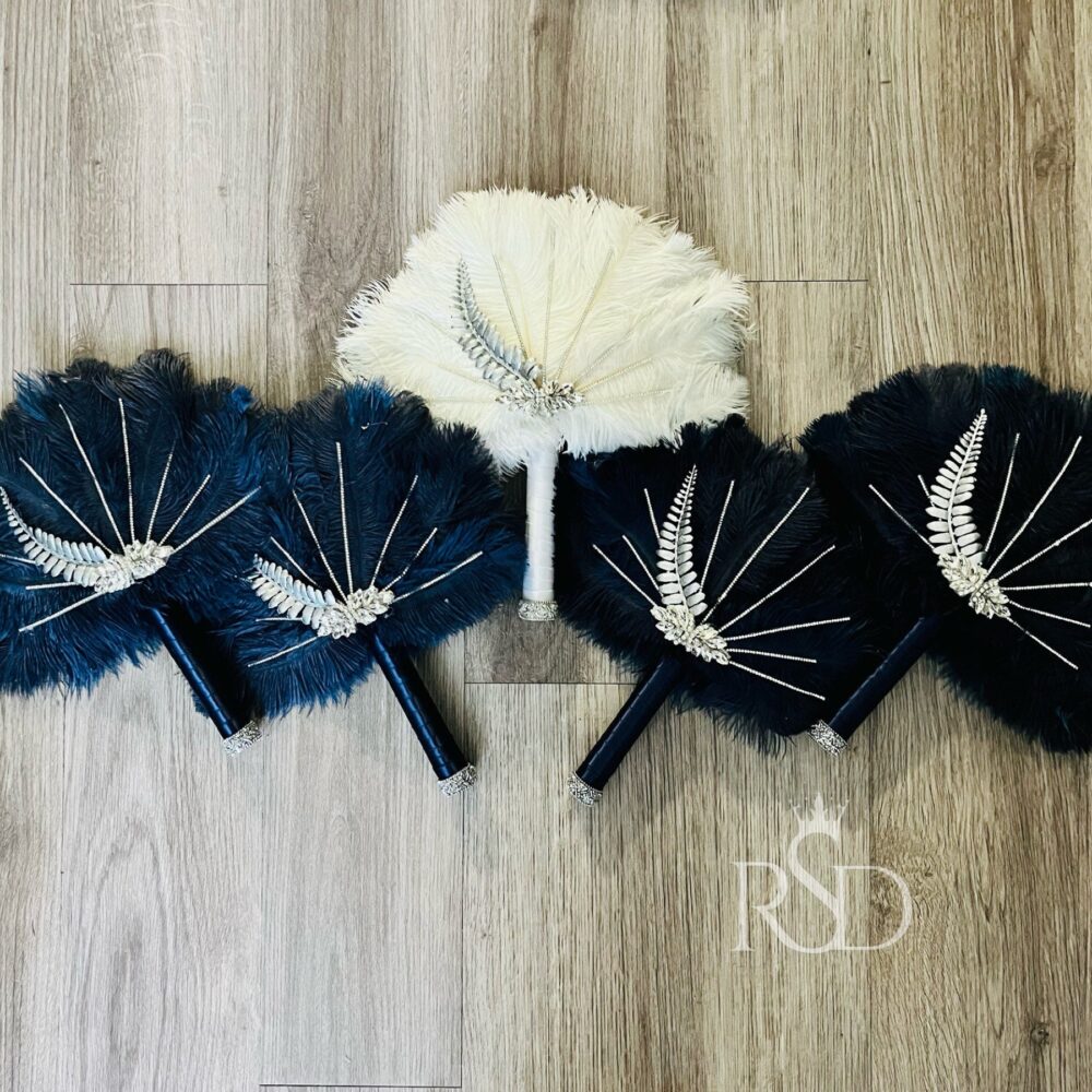 Feather Fan 12" Bouquet For Gatsby Wedding Bridal Party Large Brooch Alternative Mardi Gras Accessories For Costume