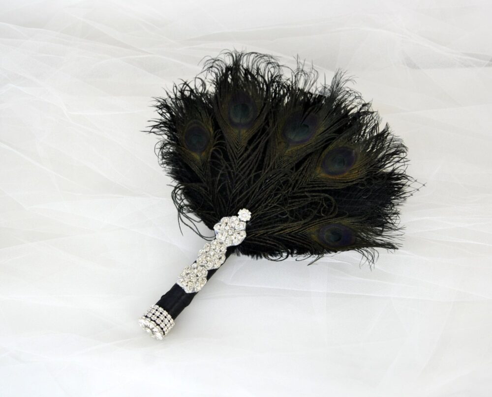 Back Bridal Feather Fan, Alternative Ostrich Feather Fan, Bouquet, Gatsby 1920S Bouquet Bridesmaid Wedding Boutonniere