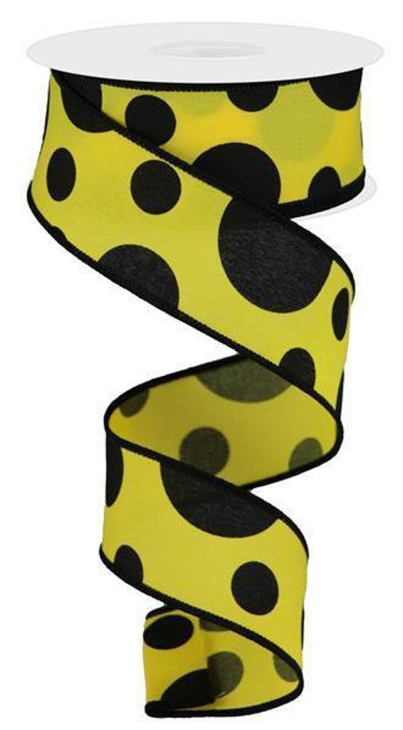 Yellow With Giant Three Size Black Dots On Wired Royal Burlap Ribbon Finished in A Matching Edge 1.5x10 Yd Rgb115129