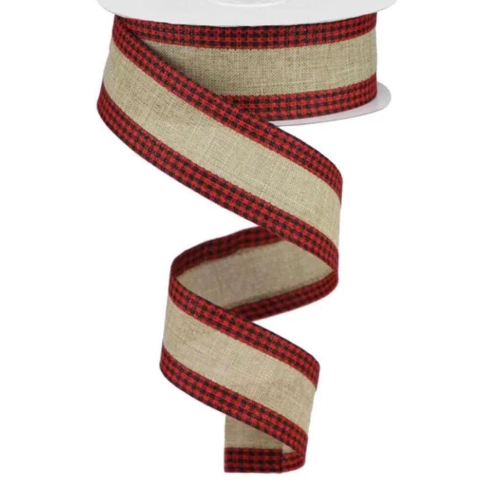 Wired Royal Burlap Ribbon, Beige With Red/Black Gingham Edge - 1.5" X 10 Yds
