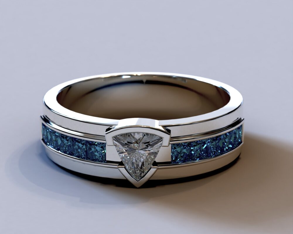 Unique Mens Wedding Band/Blue Diamond Ring Trillion Cut White Gold For Men