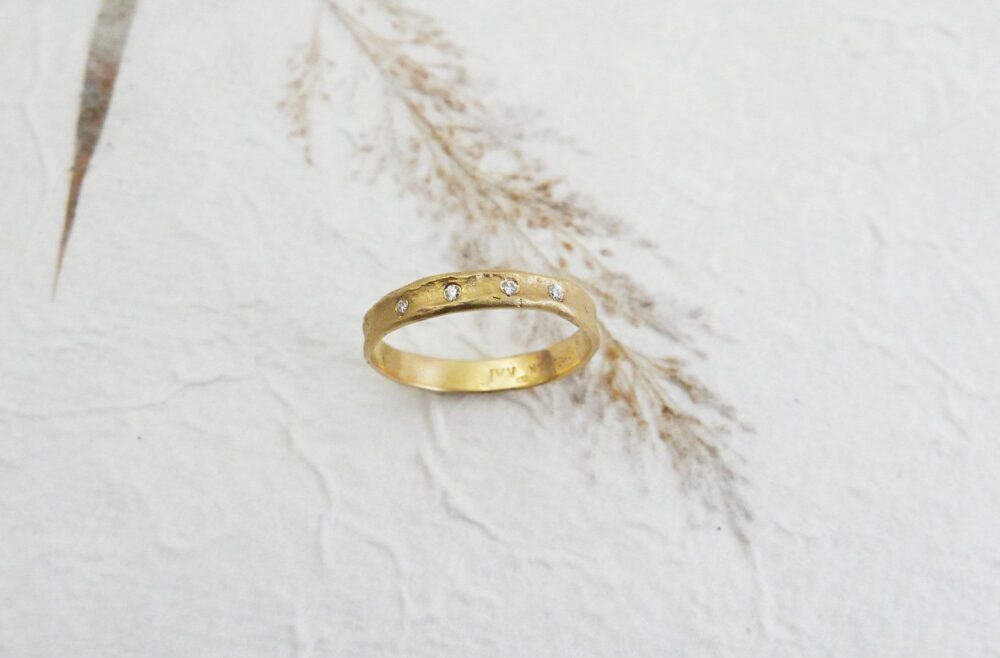 Women Men Matte Gold Wedding Diamonds Band. 14K Solid Diamond Unisex Band