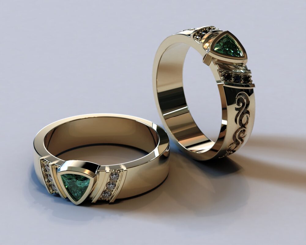 Mens Emerald Wedding Band, Unique Rings For Men, Diamond Band His &, Yellow Gold Band