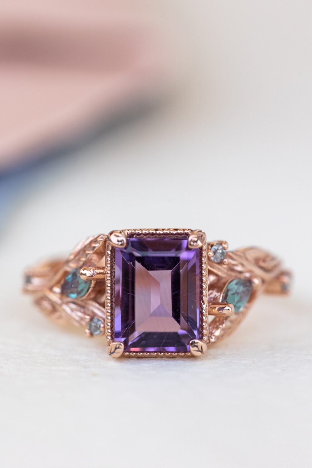 Natural Amethyst Engagement Ring With Accent Alexandrites & Salt Pepper Diamonds