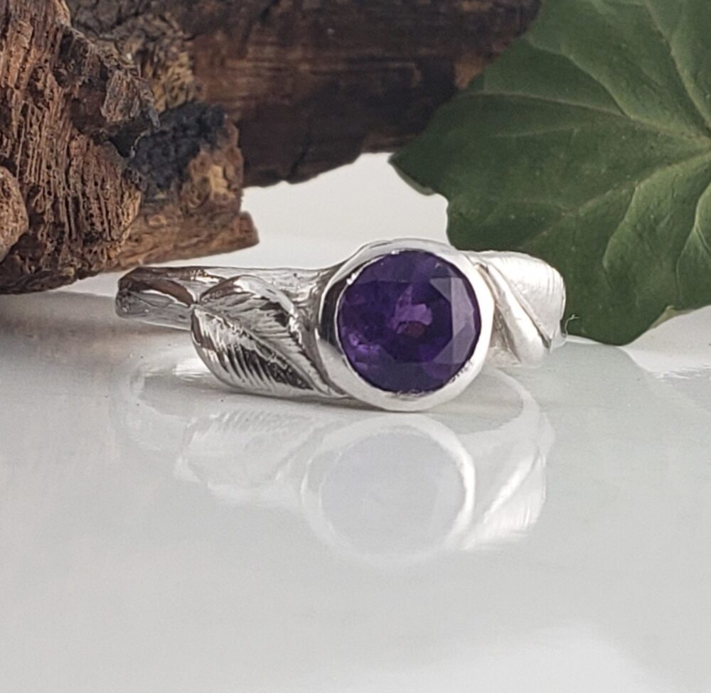 6.5mm Round Amethyst Engagement Ring - Leaf & Twig Promise Unique Gemstone
