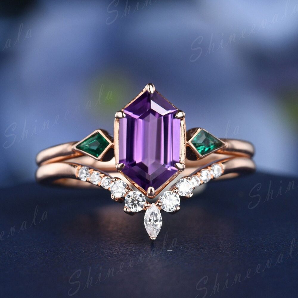 Amethyst Engagement Ring Set Rose Gold Moissanite Wedding Art Deco Stacakable Crown Kite Cut Emerald Band Anniversary Gift