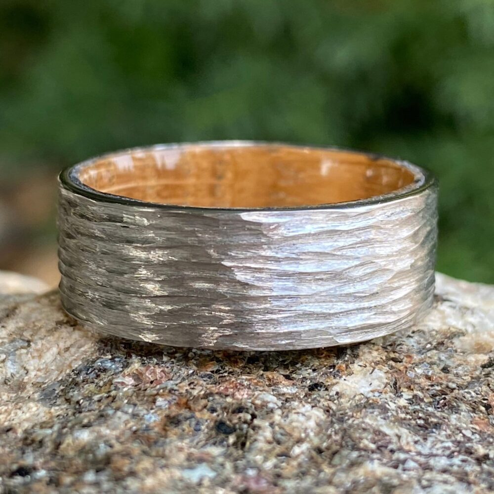 Whiskey Barrel Cobalt Chrome Ring, Tree Bark Finish, USA Handmade Rustic Wedding Band