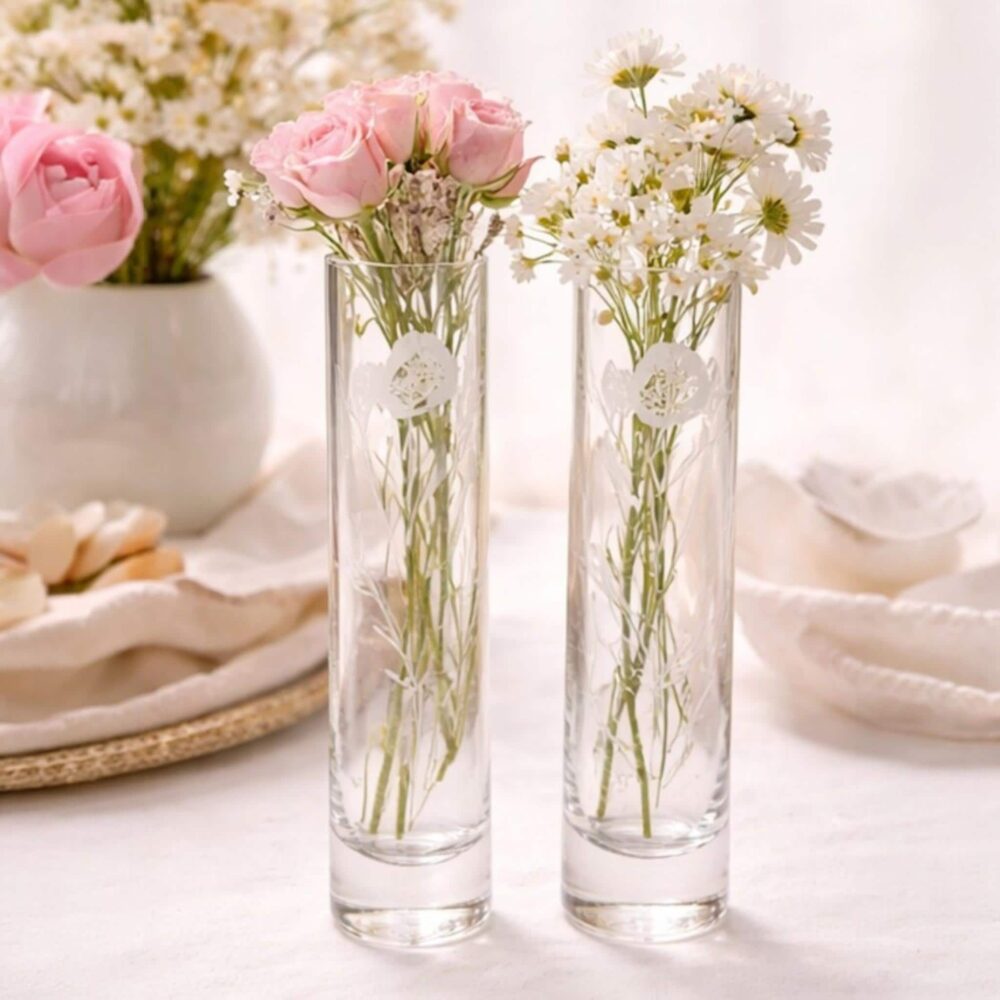 Signed Jp Mouth Blown Glass Bud Vase Set Etched Floral Tall Cylinder Vases Vintage Minimalist Wedding Decor