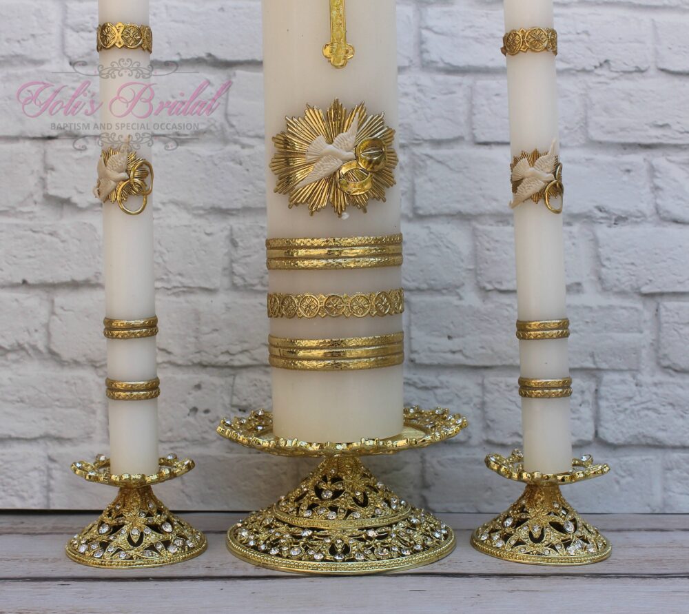 Fast Shipping Silver Or Gold Wedding Unity Candle Set With The Holder 3 Piece Set, Featuring A Rhodium Swarovski Crystal