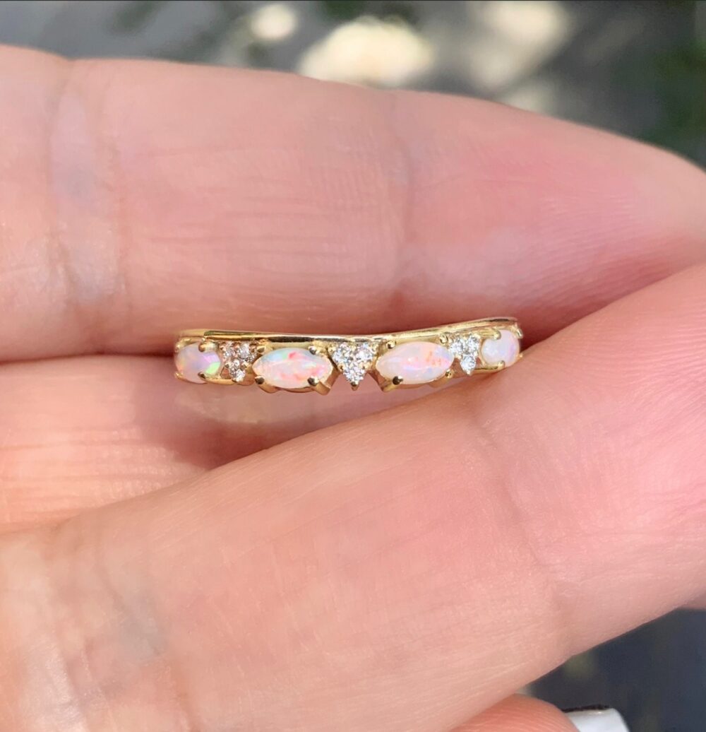 Marquise Opal Enhancer Ring With 3 Cluster Set Round Diamonds/ Tracer Wrap Band, Curved Shadow Contour Ring, Solitaire Crown Guard