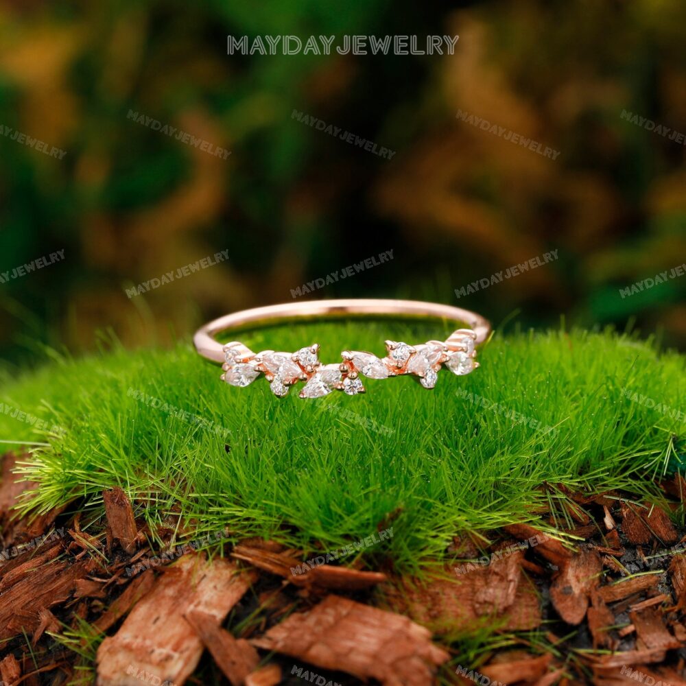 Solid Gold Moissanite Matching Band | Vine Style Stacking Lab Diamond Enhancer Guard Ring Leaf Shape