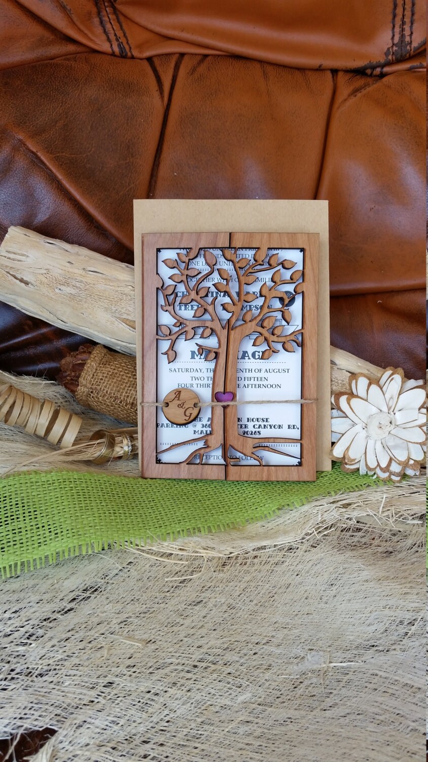Laser Cut Wood Tree Wedding Invitations, Rustic Country