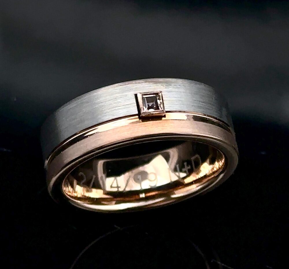 Two Tone Tungsten Band 8mm Silver & Rose Gold Morganite Gemstone Unisex Personalized Gift