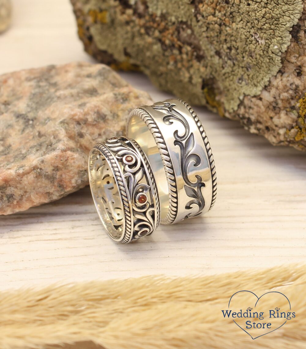Couple Vintage Style Garnets Wedding Rings For Him & Hers, Matching Silver Band Sets, Nature Bands The Bride Groom