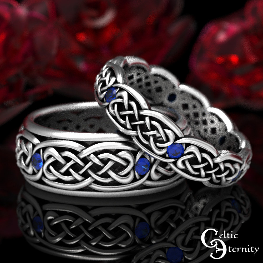 Matching Sapphire Rings, His Hers Wedding Ring Set, Sterling Silver Band Matching, Celtic 1584 1582