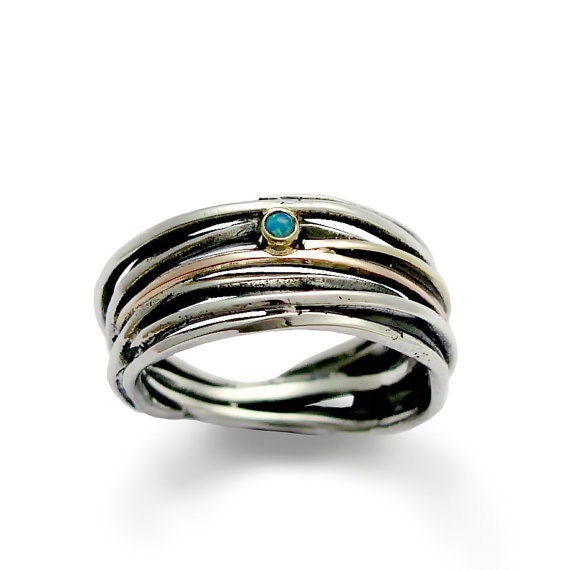 Wedding Engagement Band, Gemstone Ring, Wire Wrap Simple Silver Opal Jewelry, Boho Chic Jewelry - Good Times R1512Gx