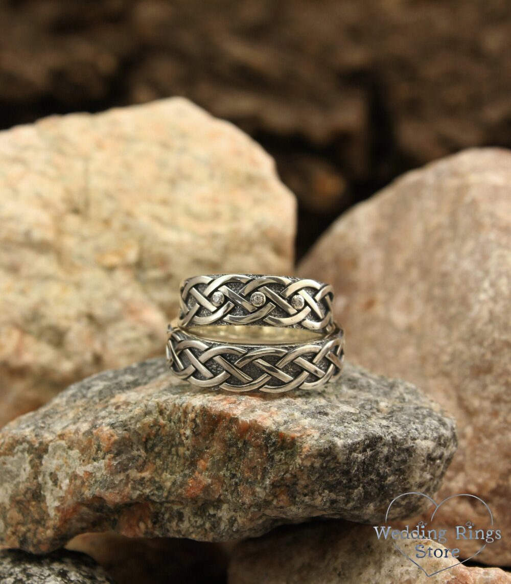 Diamonds & Celtic Knit Wedding Bands Set, His Her Ring, Couple Sterling Silver Bands, Celtic Knot Matching Rings