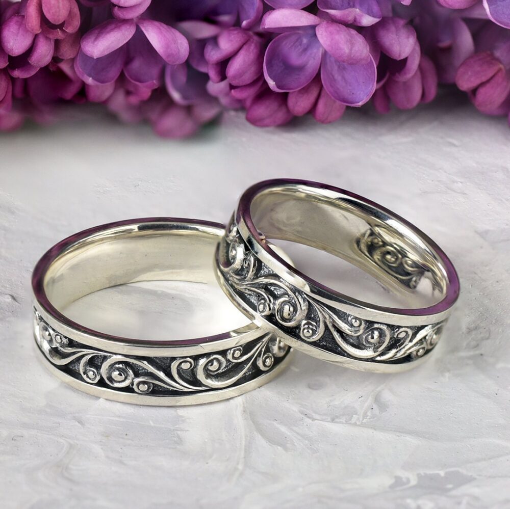 Wave Wedding Ring, Couples Ring Set, Ocean Silver Band Set Mixed Metal