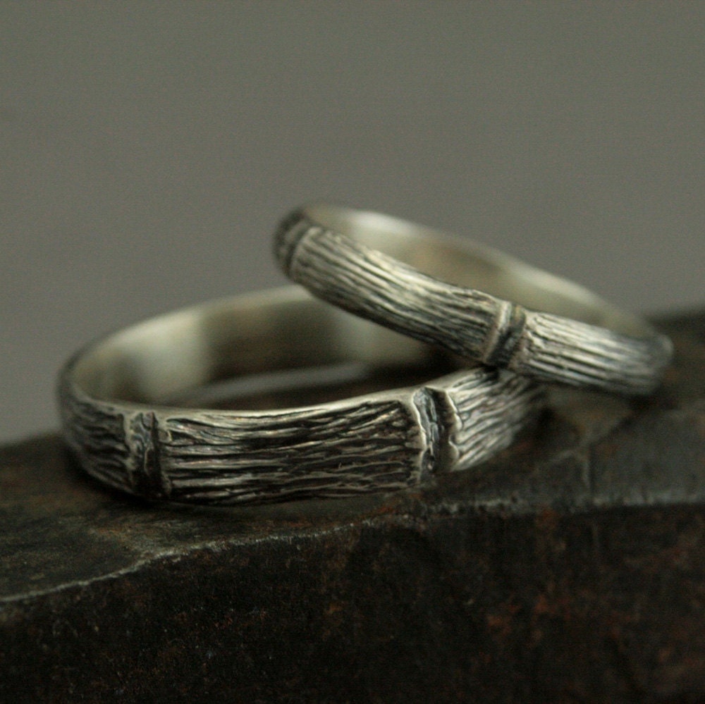 Woodland Wedding Set - Handmade Forest Rings Sterling Silver Bands -Unique His & Hers Ring
