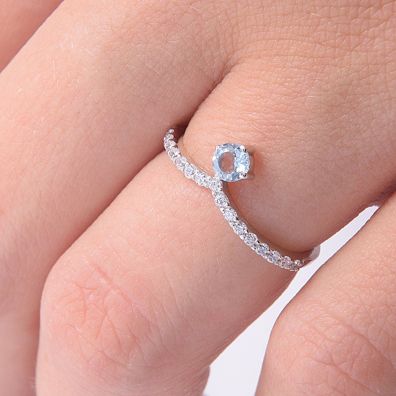Curved Aquamarine Womens Wedding Band, Unique Silver Band For Her, Small & Dainty V Chevron